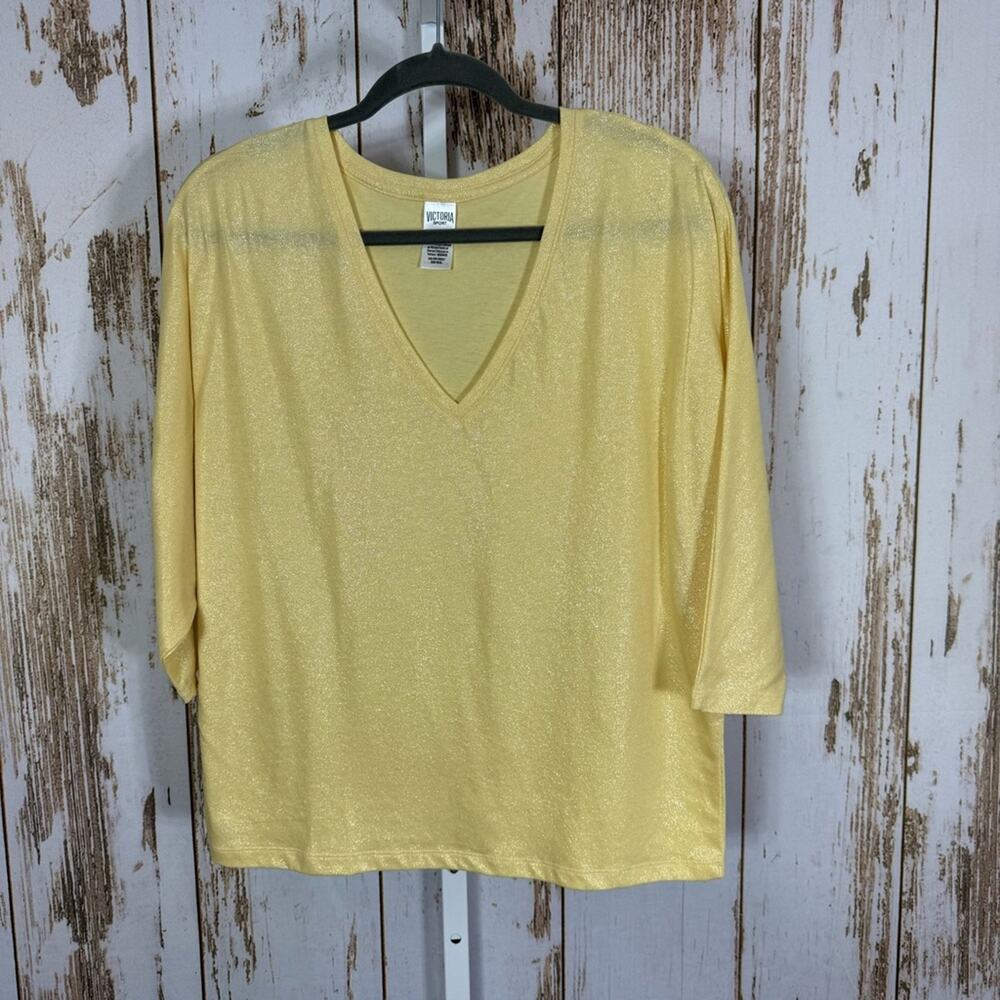 Victoria Sport, Elegant Yellow Gold Threading V-Neck Dolman Top. Size XS.